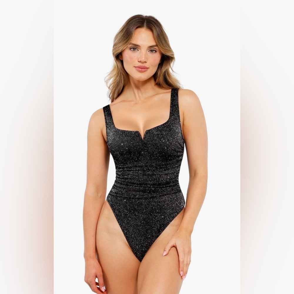 NEW POPILUSH Shapewear Ruched Metallic Knit Square Neck Slimming Bodysuit Black